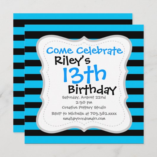 Aquamarines blaues Türkis- und Weißstreifenmuster Einladung (Vorne/Hinten)