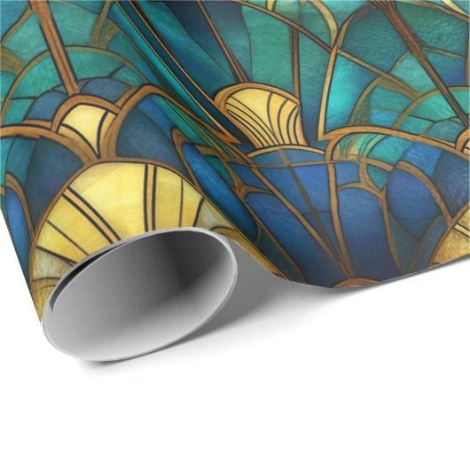 Aquamarines, blaues und goldgefestigtes Pfauenglas Geschenkpapier (Rolleneckpunkt)