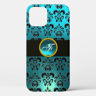 AQUAMARINES BLUE BLACK DAMASK GEM STONE MONOGRAMM Case-Mate iPhone HÜLLE