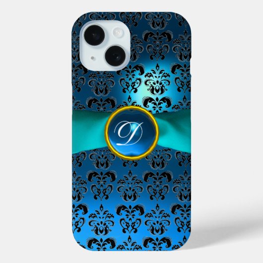 AQUAMARINES BLUE BLACK DAMASK GEMSTONE MONOGRAMM Case-Mate iPhone HÜLLE (Rückseite)