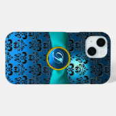AQUAMARINES BLUE BLACK DAMASK GEMSTONE MONOGRAMM Case-Mate iPhone HÜLLE (Rückseite (Horizontal))