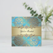 Aquamarines Blue Black Gold Damask Party Einladung (Stehend Vorderseite)