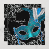 Aquamarines Blue Black Masquerade Party Einladung (Vorne/Hinten)