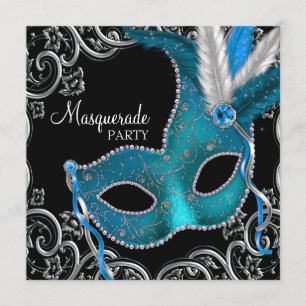 Aquamarines Blue Black Masquerade Party Einladung