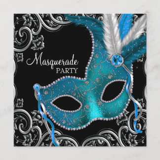 Aquamarines Blue Black Masquerade Party Einladung
