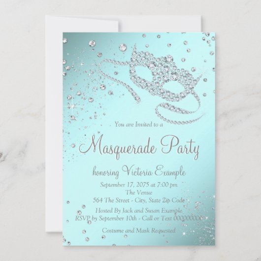 Aquamarines Blue Diamond Masquerade Party Einladung (Rückseite)