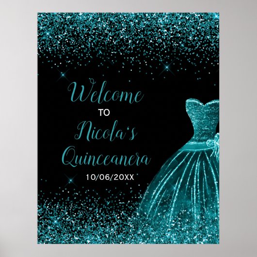 Aquamarines Blue Dress Imitats Glitzer Quinceanera Poster (Vorne)