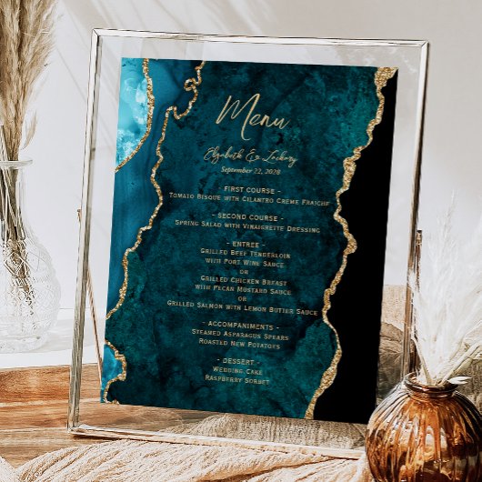 Aquamarines Blue Gold Agate Hochzeitmenü Poster