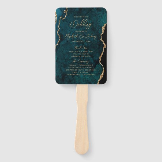 Aquamarines Blue Gold Agate Script Hochzeitsprogra Fächer (Vorderseite)