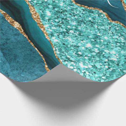 Aquamarines Blue-Gold-Marmor-Individuelle Name-Ums Geschenkpapier (Ecke)