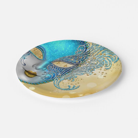 Aquamarines Blue Gold Masquerade Party Pappteller (Schrägansicht)