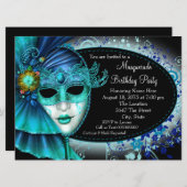 Aquamarines Blue Midnight Masquerade Party Einladung (Vorne/Hinten)