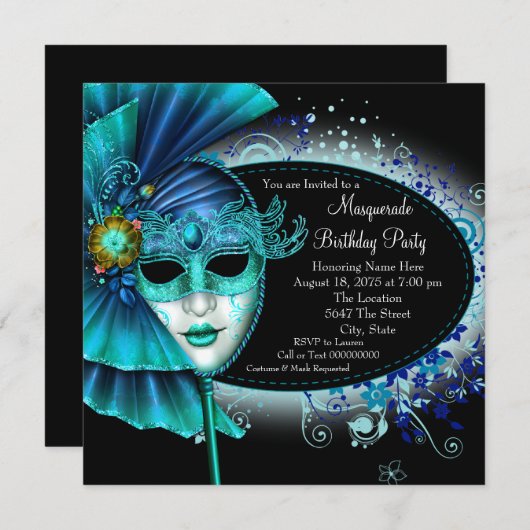 Aquamarines Blue Midnight Masquerade Party Einladung (Vorne/Hinten)