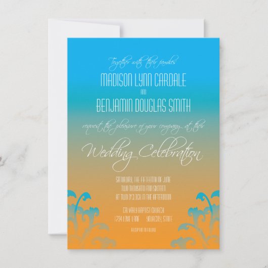 Aquamarines Blue Orange Blühend Hochzeitsempfang Einladung (Vorderseite)