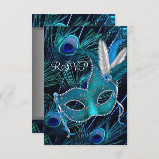 Aquamarines Blue Peacock Masquerade Party UAWG RSVP Karte (Vorne/Hinten)
