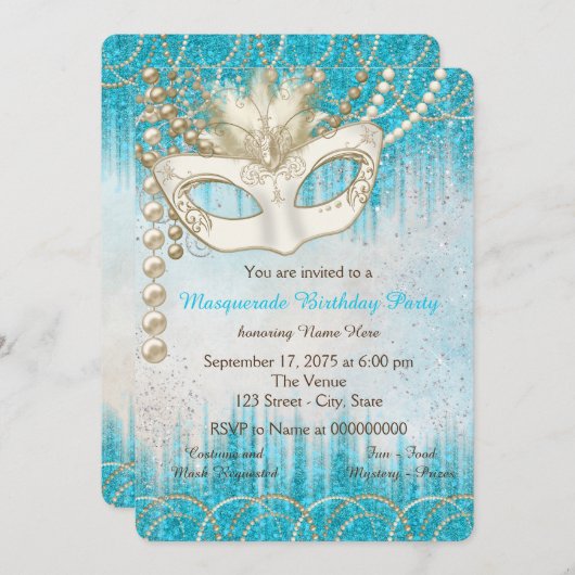 Aquamarines Blue Pearl Watercolor Masquerade Party Einladung (Vorne/Hinten)