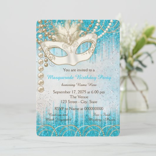 Aquamarines Blue Pearl Watercolor Masquerade Party Einladung (Stehend Vorderseite)