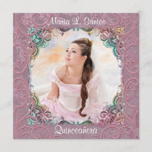 Aquamarines Blue Pink Picture Quinceanera Einladung