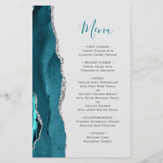 Aquamarines Blue Silver Agate Gray Wedding Menu (Vorderseite)
