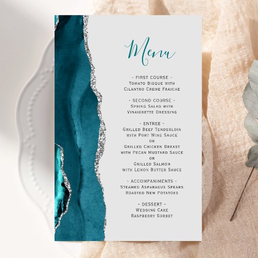 Aquamarines Blue Silver Agate Gray Wedding Menu
