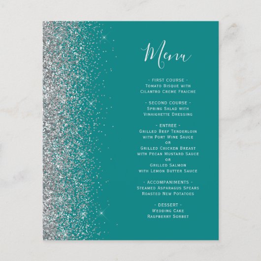 Aquamarines Blue Silver Glitzer Edge Wedding Menu (Vorderseite)