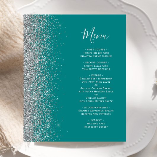 Aquamarines Blue Silver Glitzer Edge Wedding Menu