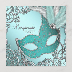 Aquamarines Blue Silver Mask Masquerade Party Einladung