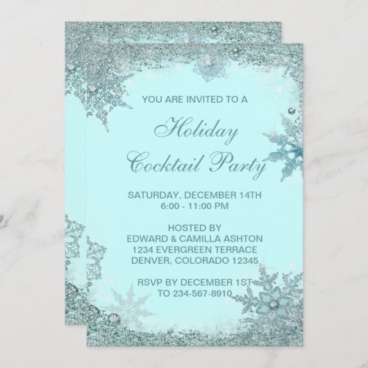 Aquamarines Blue Snowflake Weihnachts-Party Einladung (Vorne/Hinten)
