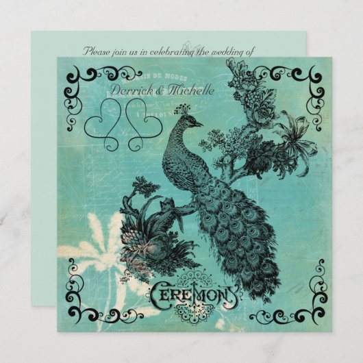 Aquamarines Blue Vintag Peacock Hochzeitsempfang Einladung (Vorne/Hinten)