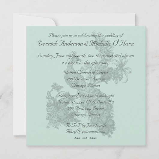 Aquamarines Blue Vintag Peacock Hochzeitsempfang Einladung (Rückseite)