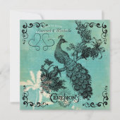 Aquamarines Blue Vintag Peacock Hochzeitsempfang Einladung (Vorderseite)