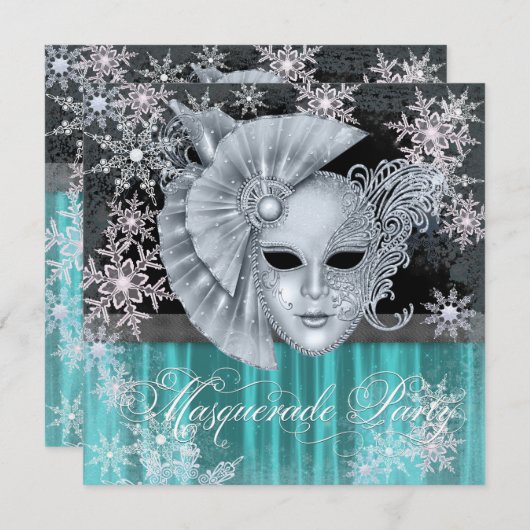 Aquamarines Blue Winter Wonderland Masquerade Part Einladung (Vorne/Hinten)