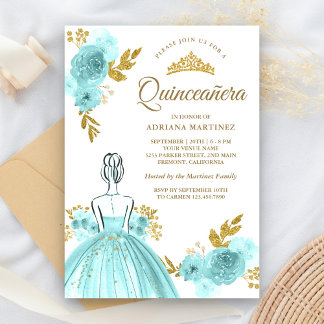 Aquamarines Blumenkleid Princess Gold Quinceanera Einladung