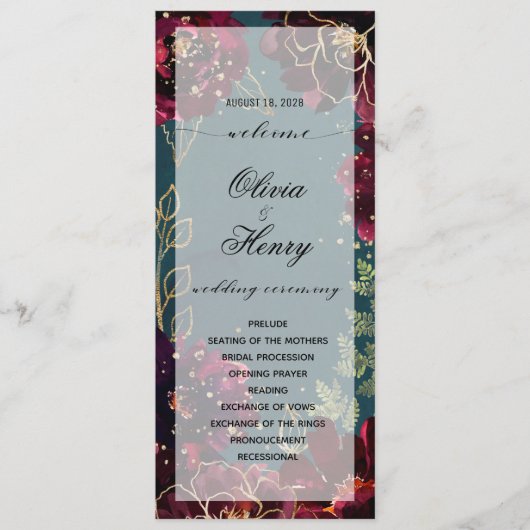 Aquamarines Bordeaux Jewel Tones Wedding Program Menükarte (Vorderseite)