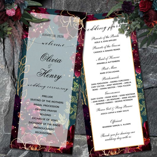 Aquamarines Bordeaux Jewel Tones Wedding Program Menükarte