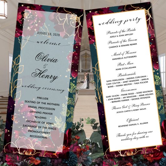 Aquamarines Bordeaux Jewel Tones Wedding Program Menükarte