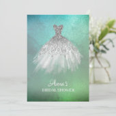 *~* Aquamarines Brautparty mit weißem Goldkleid Einladung (Stehend Vorderseite)