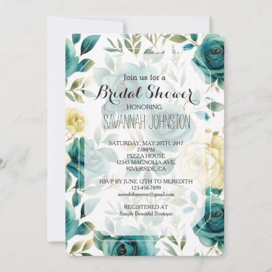 Aquamarines Creme Rose Blumenstrauß Brautparty Einladung (Vorderseite)