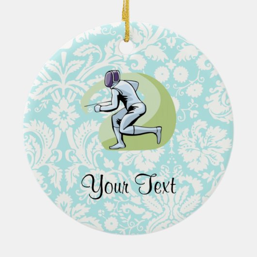 Aquamarines Damast-Muster-Fechten Keramik Ornament (Hinten)