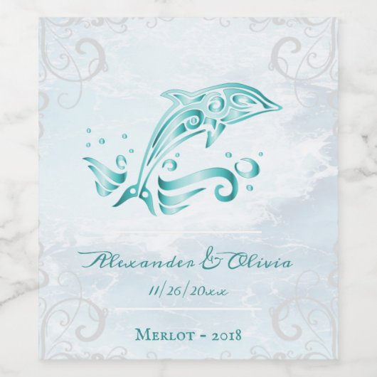 Aquamarines Dolphin Wedding Wine Label Weinetikett (Einzelnes Label)