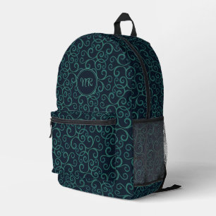 Aquamarines Filigree Navy Damask Muster Monogramm Bedruckter Rucksack