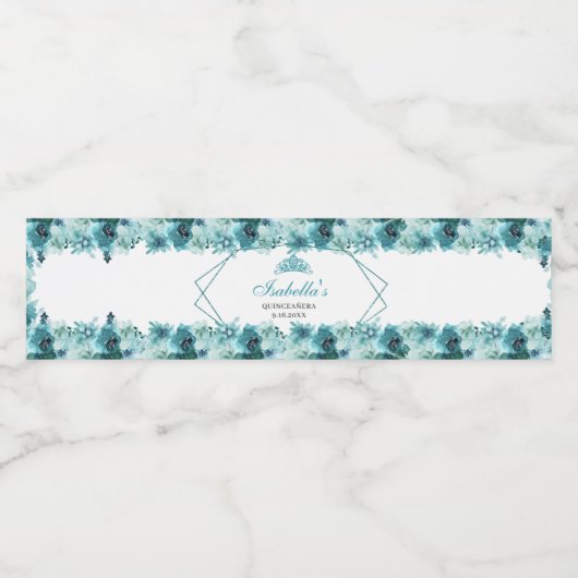 Aquamarines florales Quinceanera Wasserflasche Wasserflaschenetikett (Einzelnes Label)