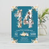 Aquamarines Foto 14. Geburtstag Collage Gelbe Blum Einladung (Stehend Vorderseite)