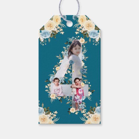 Aquamarines Foto 4. Geburtstag Collage Blue Yellow Geschenkanhänger (Vorderseite)