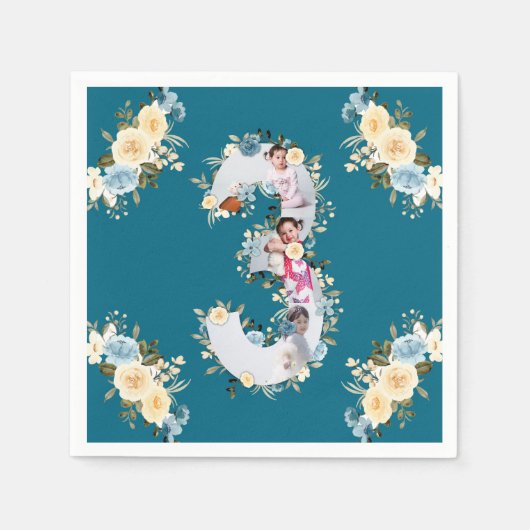 Aquamarines Foto Collage Blue Yellow Blume 3. Gebu Serviette (Vorderseite)