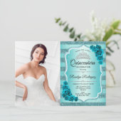 Aquamarines Foto Elegante Quinceanera Einladung (Stehend Vorderseite)
