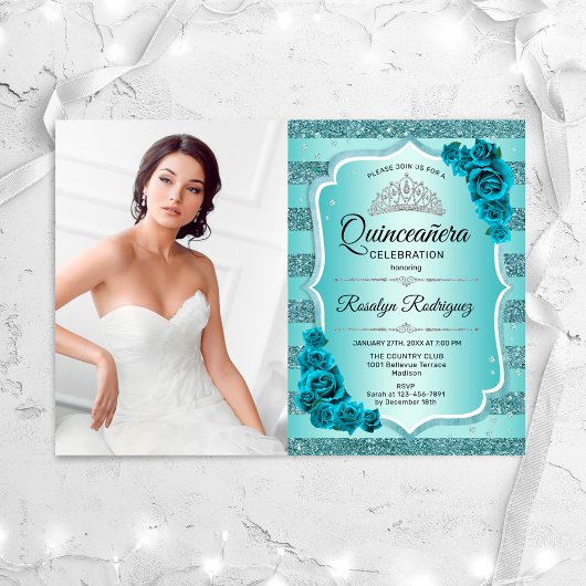 Aquamarines Foto Elegante Quinceanera Einladung