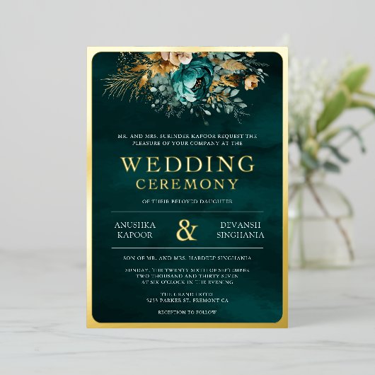 Aquamarines Foto Indische Hochzeit Folieneinladung (Stehend vorne)