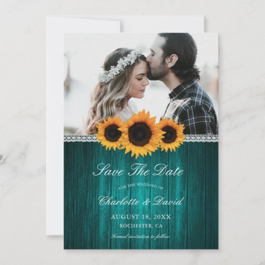 Aquamarines Foto zur Hochzeit von Sonnenblumen Save The Date (Vorderseite)