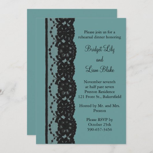 Aquamarines französisches Spitzenessen Probe Dinne Einladung (Vorne/Hinten)